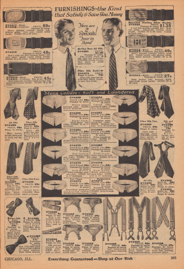 Accessoires für den Mann. Seite mit Krawatten, Fliegen, Strumpfbandhaltern, Hosenträgern, Ledergürteln mit Schnalle und abnehmbaren Waschkragen für Hemden.
