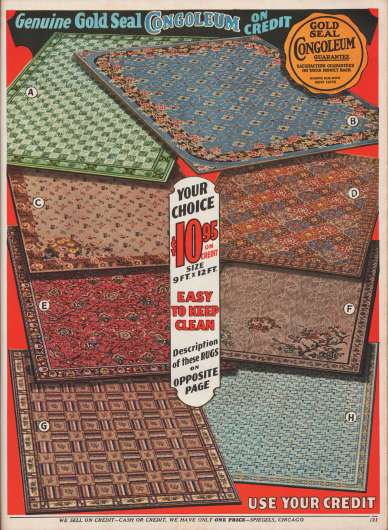 Leicht sauber zu haltende, farbige Congoleum (Linoleum) Teppiche für je 10,95 Dollar in den Maßen: 9 ft x 12 ft (rund 2,74 x 3,66 m).
Die Linoleum Teppiche zeigen neben japanischen, persischen und chinesischen Mustern auch feine Fliesen- und Kachelmuster (A, H) oder puritanische Webmuster (G). Die Teppiche besitzen die „Gold Seal Congoleum Guarantee“ (siehe oben rechts).
Die Artikelbeschreibungen sind auf der gegenüberliegenden Seite 130 zu finden.