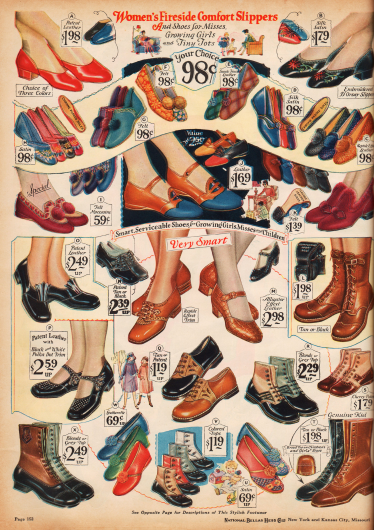 Hausschuhe für Damen, sog. „Boudoir Slipper“ (Damenzimmer Pantoffel) aus Leder und Seiden-Satin, zum Teil einem kleinen Pompon an der Spitze.
Darunter werden Schuhe für Mädchen verschiedenen Alters präsentiert; kleine Stiefel, Laufschuhe und Straßenschuhe.