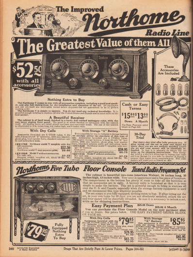 „Die verbesserte Northome Radio-Produktlinie“ (engl. „The Improved Northome Radio Line“).
Oben befindet sich ein Radioempfangsgerät mit abgeschrägtem Frontpaneel für 52,50 Dollar (Barzahlungspreis) inklusive Zubehör bzw. 59,60 Dollar bei Ratenzahlung (siehe Seite 441). Mit passender wiederaufladbarer, großer Batterie statt Trockenbatterien ist das Gerät fast zehn Dollar teurer – gerade viele ländliche Haushalte waren oft noch ohne Stromanschluss. Als Zubehör werden bei der teureren Version ein Lautsprechertrichter, fünf Elektronenröhren (CT201A), eine 100 Ampere Batterie, zwei große 45 Volt „B“ Batterien, ein 2000 Ohm Kopfhörer mit Anschluss, eine Standardantenne und ein Handbuch mitgeliefert. Das Radio konnte 30 Tage auf Probe gekauft werden.
Unten wird ein Konsolenradio mit fünf Elektronenröhren in zwei Versionen für 79,95 bzw. 85,95 Dollar (Barzahlungspreise) angeboten. Bei Ratenkauf ist das Radio etwa zehn Dollar teurer. Der dekorative Radioschrank ist aus massivem amerikanischem Walnussbaumholz gefertigt und steht auf gedrechselten Füßen.