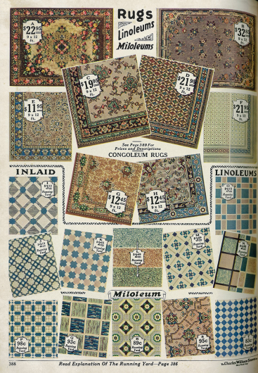 Vier Teppiche aus Samt (A-D) und Linoleumbeläge für die Küche und andere Räume.