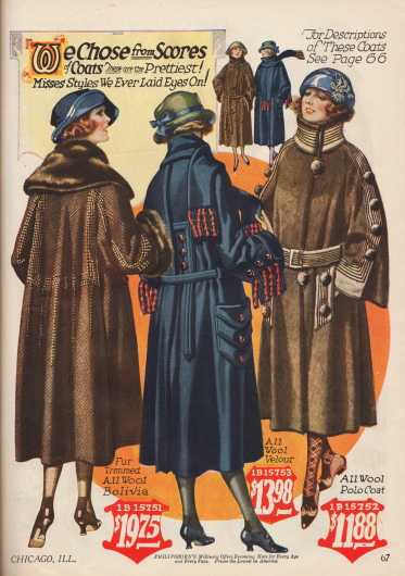Wadenlange Wintermäntel für junge Frauen bis 20 Jahre aus Wolle und Woll-Velours. Weiter Schnitt, glockige Ärmel und groß geratene Detail gehören zur Herbstmode 1922-23.