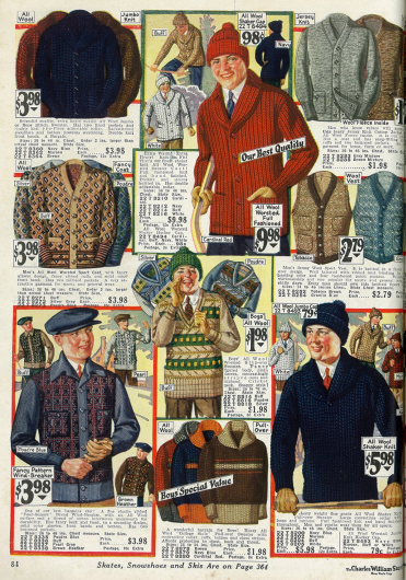 Doppelseite mit warmen Strickpullovern, Westen und Jacken für den Wintersport für Männer und Jungen in verschiedensten Farben und Ausführungen.