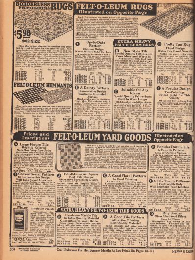 Teppiche aus Linoleum (oben links) und Beschreibungen für die Teppiche und Bodenbelege (Meterware) aus Linoleum auf der gegenüberliegenden Farbseite 309. Die Linoleum Bodenbelege werden hier „Felt-O-Leum“ genannt (Savage Handelsmarke).
